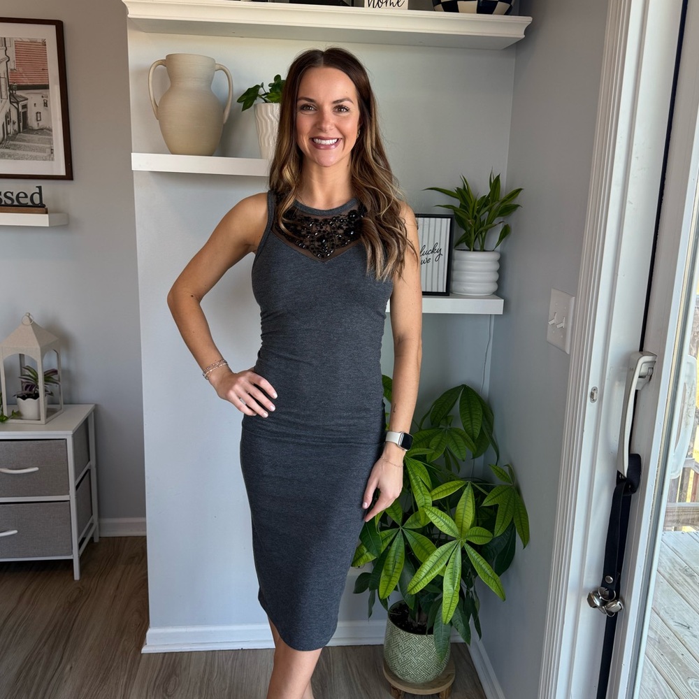 Express Charcoal Beaded Mesh Neckline Bodycon Midi Dress XS | Stretch Sleeveless